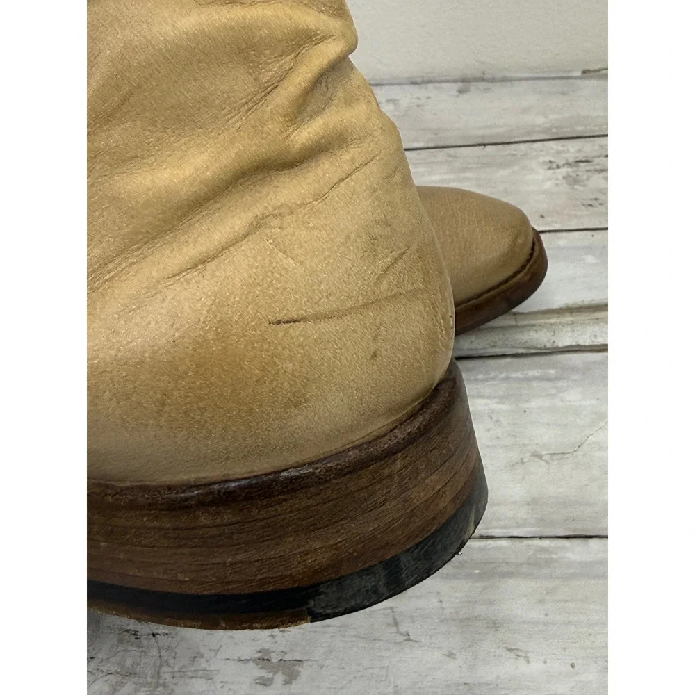John Varvatos Tan Leather Slouchy Side Zip Ankle Boots Wood Heel